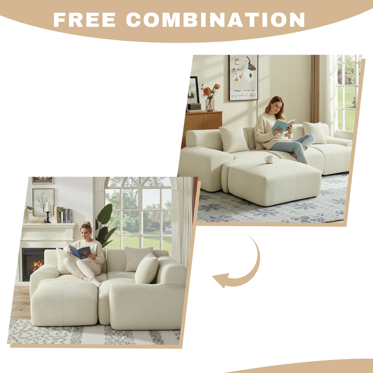 GAOHAPY Modular Corduroy Sectional Sofa With Chaise Ottoman