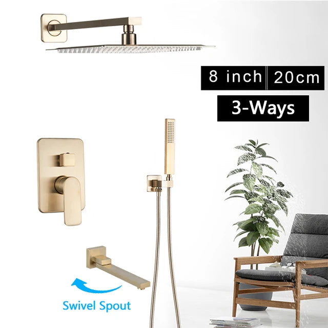 Brushed Gold Bathroom Shower Set Rainfall Shower Head Single Handle Shower Faucet Wall Mounted Bath Shower Mixer Water Set
