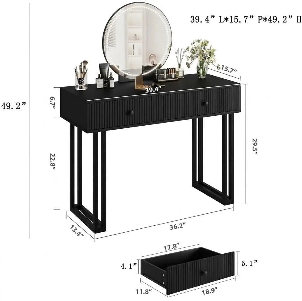 Vanity Desk with Mirror and Lights, Small Makeup Vanity with 2 Drawers, Modern Vanity Organizer with 3 Color Lights&Adjustable Brightness, Dressing Table for Bedroom