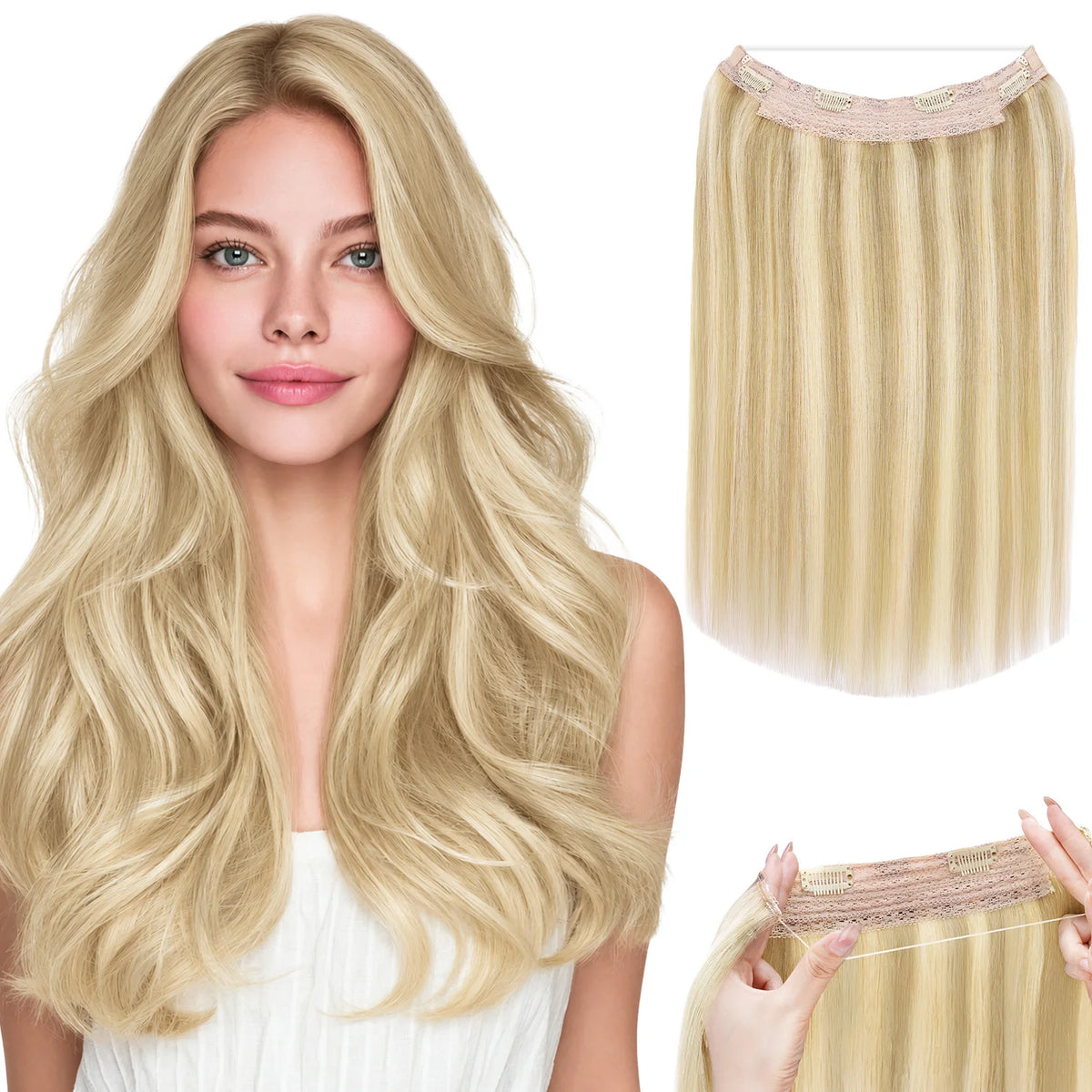 Sunmofavo Invisible Wire In Hair Extensions Halo 100% Remy Human Hair Adjustable Hairpiece with 4 Clips Walnut Brown Bleach Blonde Ombre Seamless Undetectable for Thin Fine Hair Instant Volume Soft Straight Real Human Hair Da