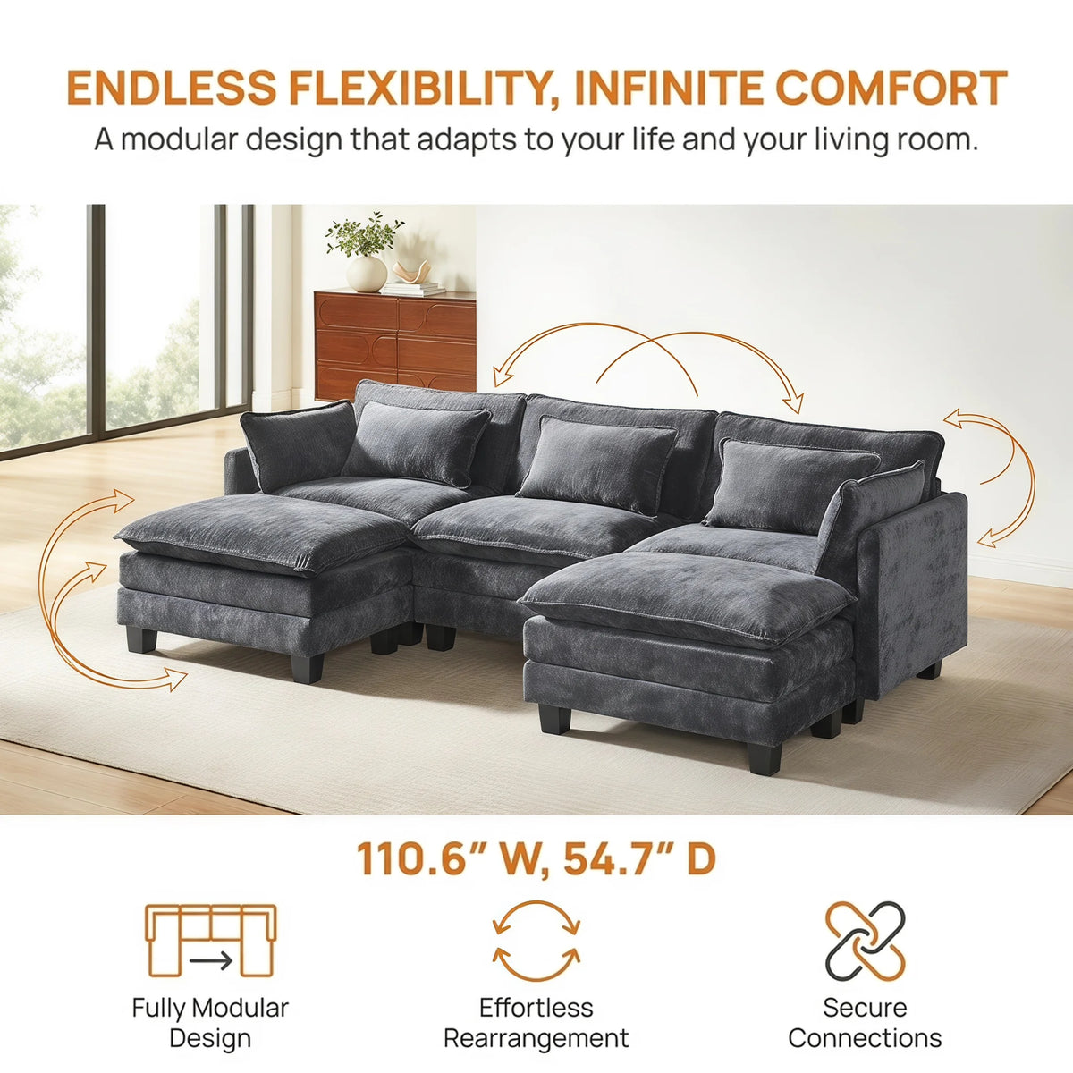 CHITOOMA U Shaped Modular Sectional Sofa with Movable Ottoman and Pillows