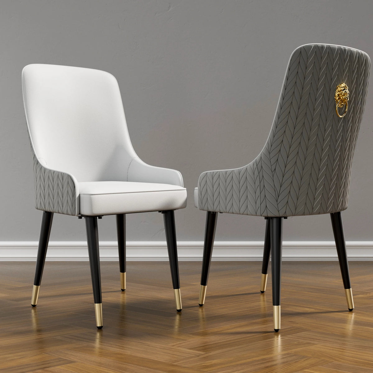 Modern PU Leather Dining Chairs Set Tufted Lion Head Ring