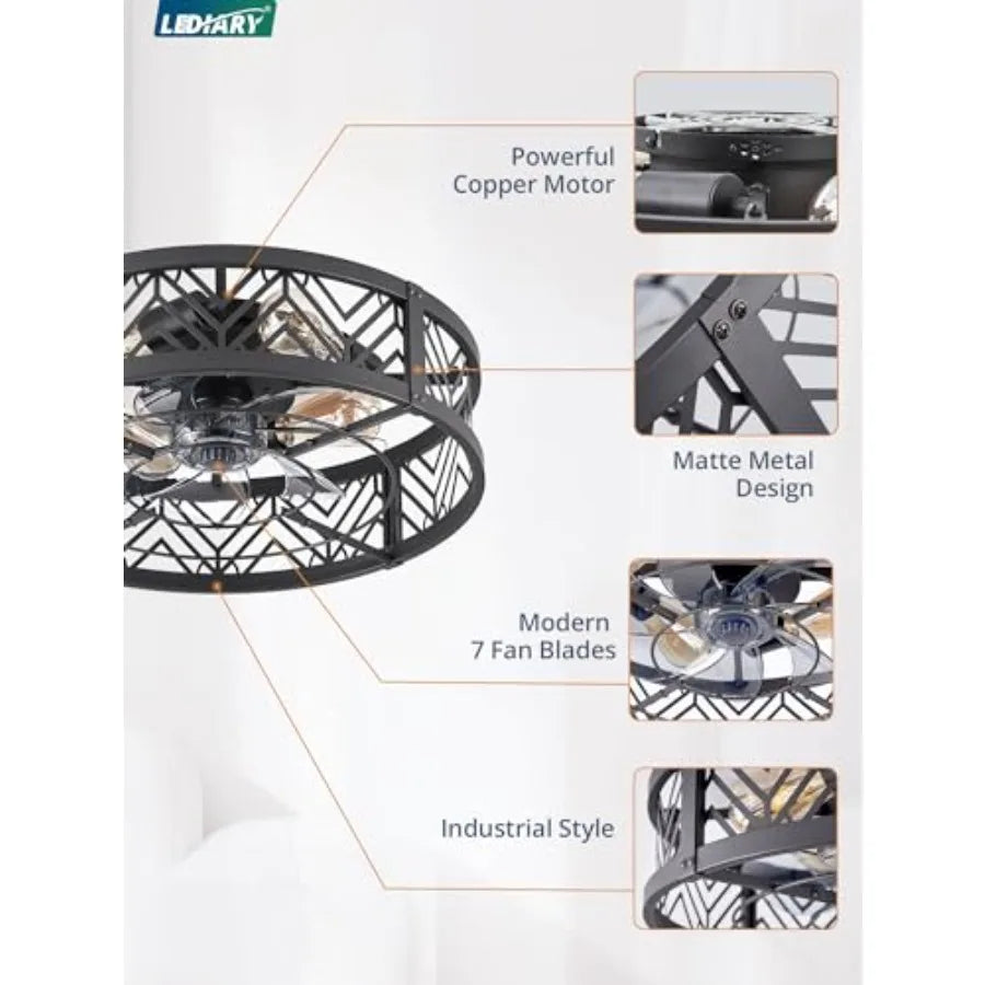 Caged Ceilg Fan with Light, Small Flush Mount Ceilg Fan with AppandRemote, Low Profile Bladeless Ceilg Fan for Bedroom, Kitchen