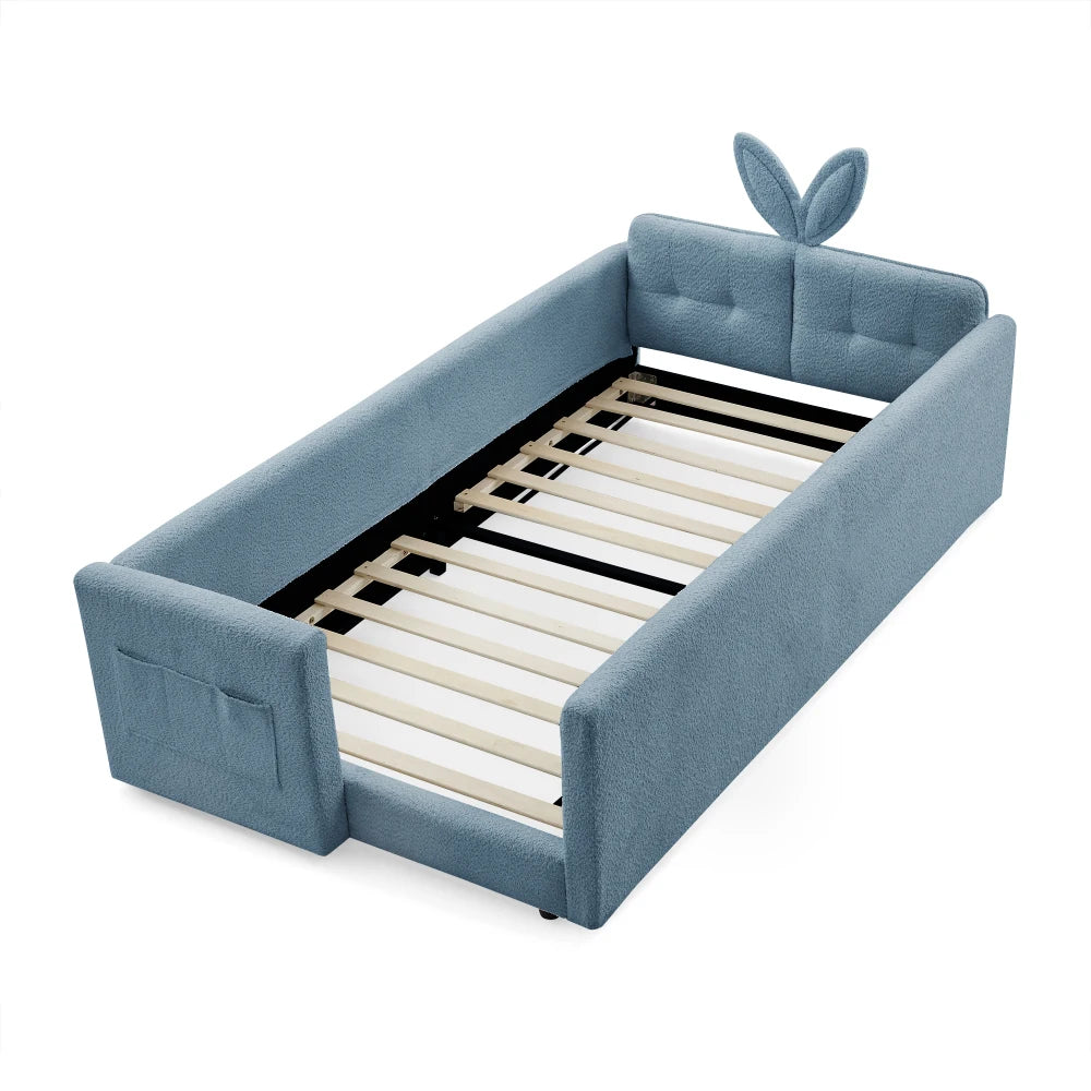 Rabbit Ear Upholstered Platform Bed With Safety Rail And Pocket