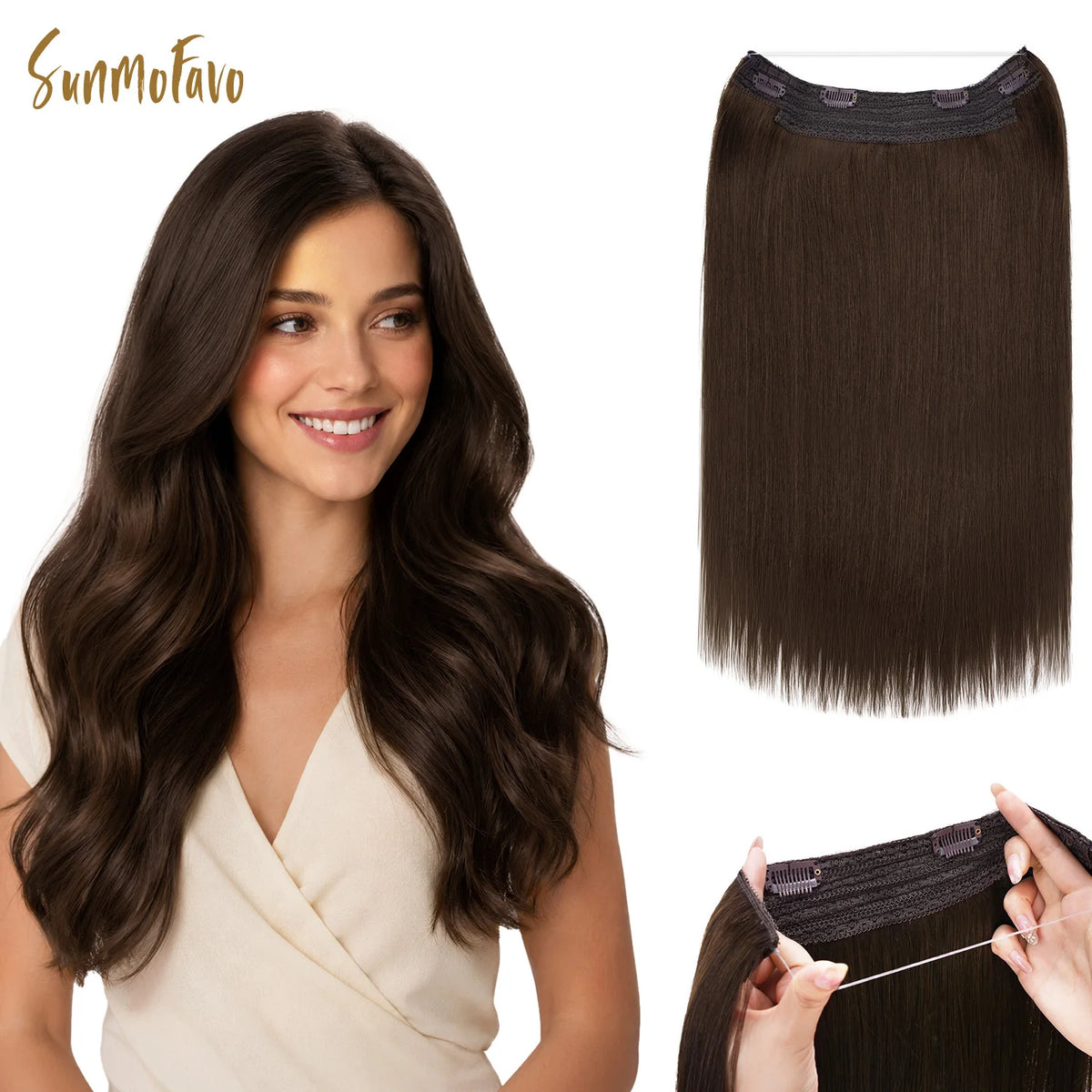 Sunmofavo Wire In Hair Extensions, 100% Real Human Hair, 3‑8‑613 Walnut Brown Bleach Blonde Ombre, Adjustable Invisible Fish Line Hairpiece, Seamless Natural Blend, Lightweight Damage‑Free Wear, Quick Install For Daily