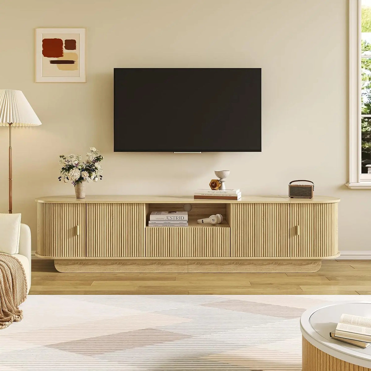 Tambour TV Stand With Large Storage Cabinet And Open Shelves