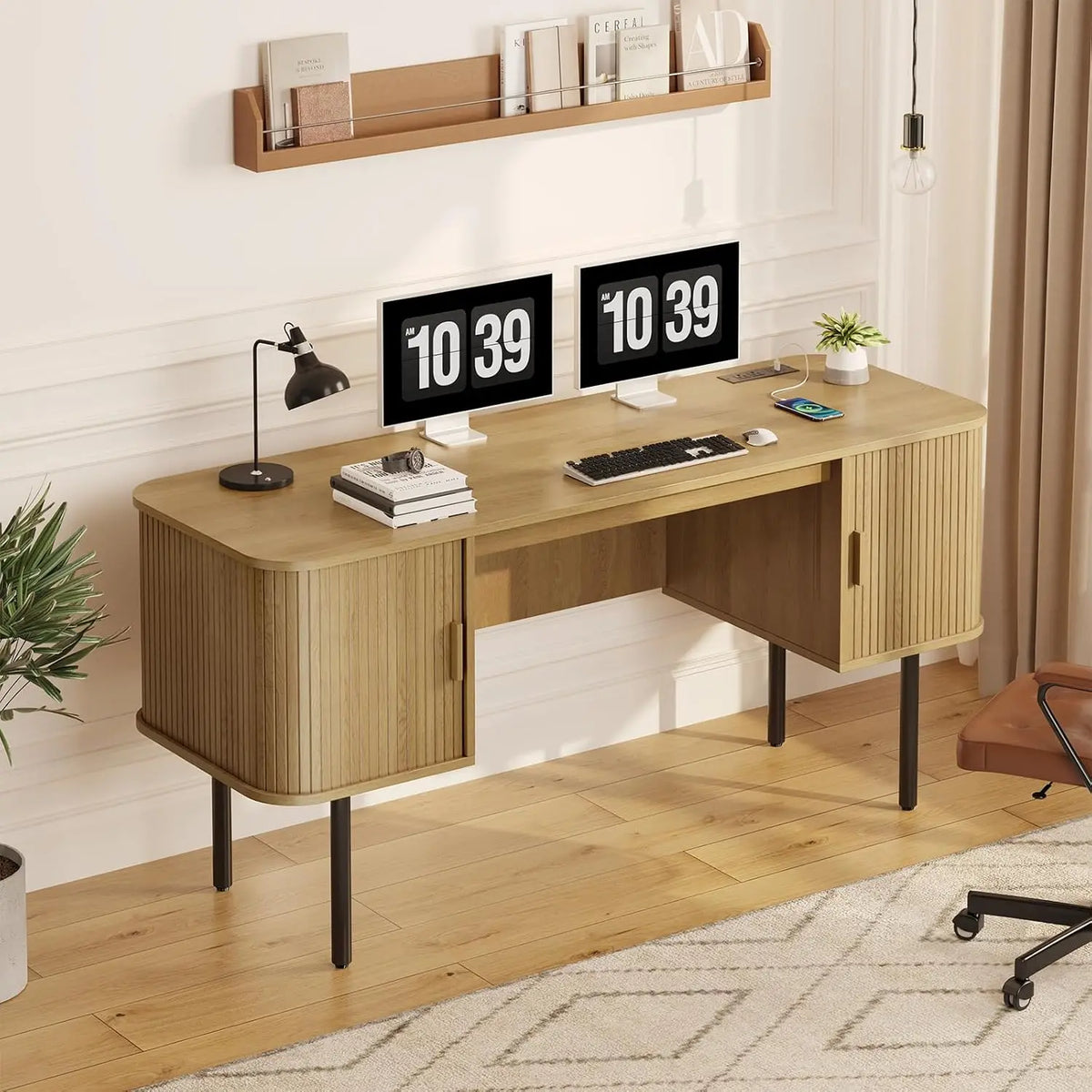 ONBRILL Fluted Computer Desk With Storage Cabinets And Power Outlets
