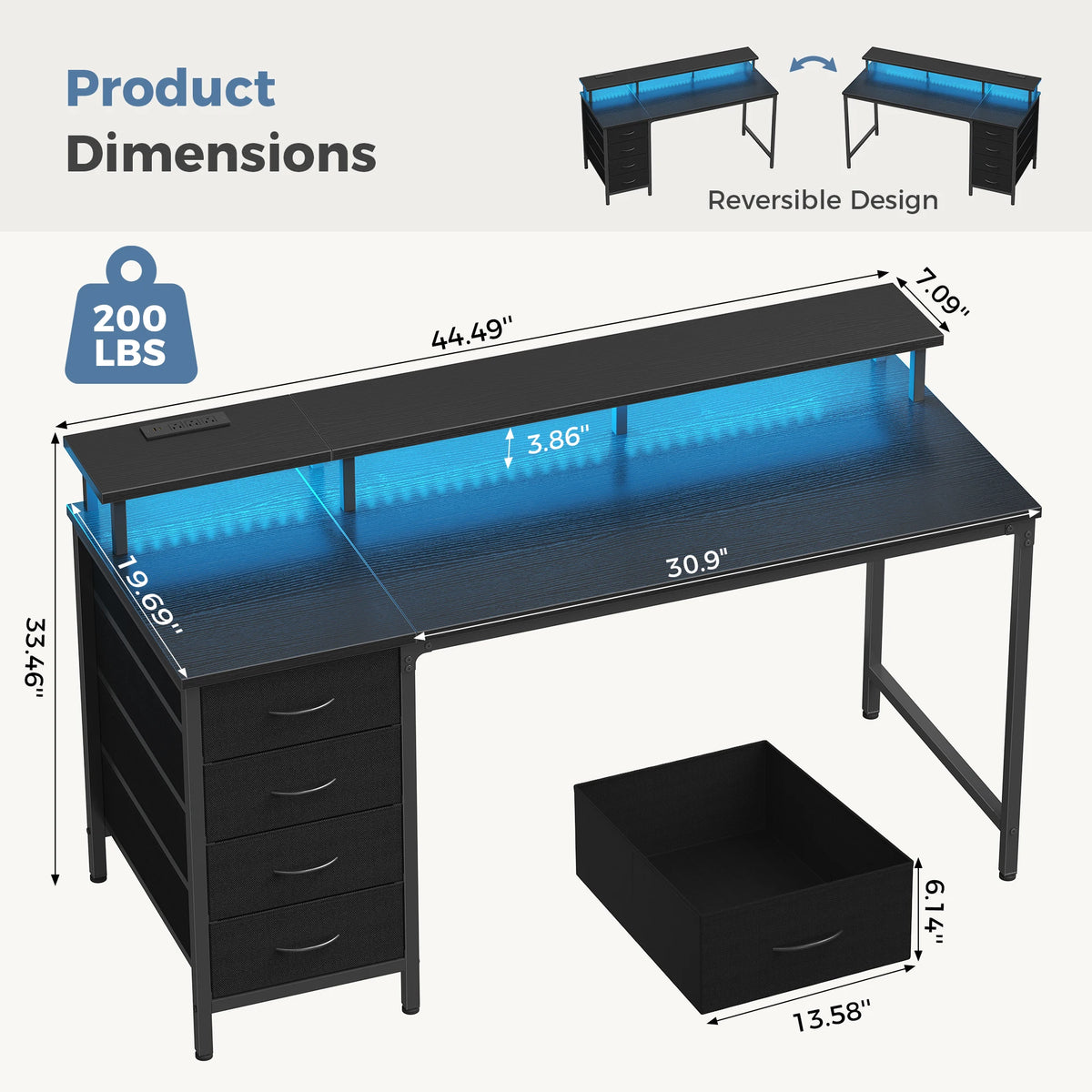 JHK Gaming Desk With Storage Drawers Power Outlets And LED Lights