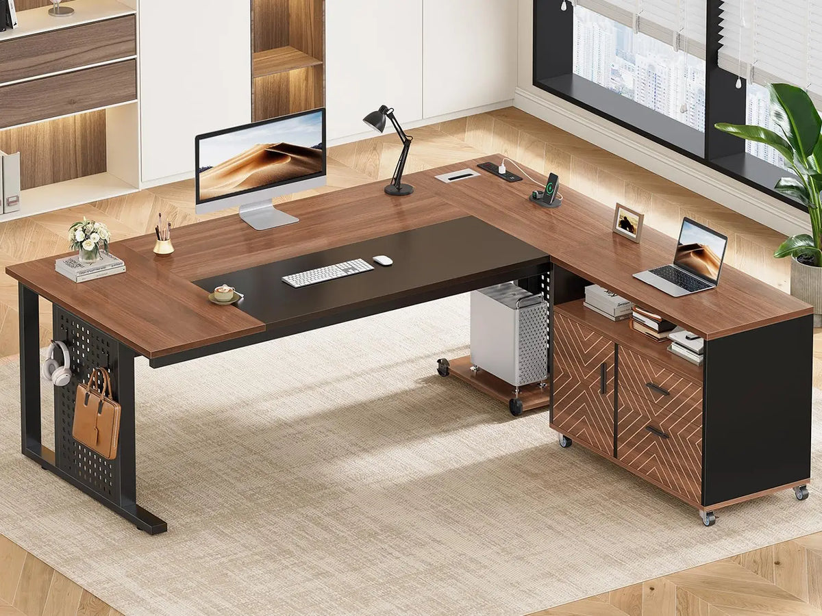 Cavandon Modern Executive Office Desk With Rolling File Cabinet