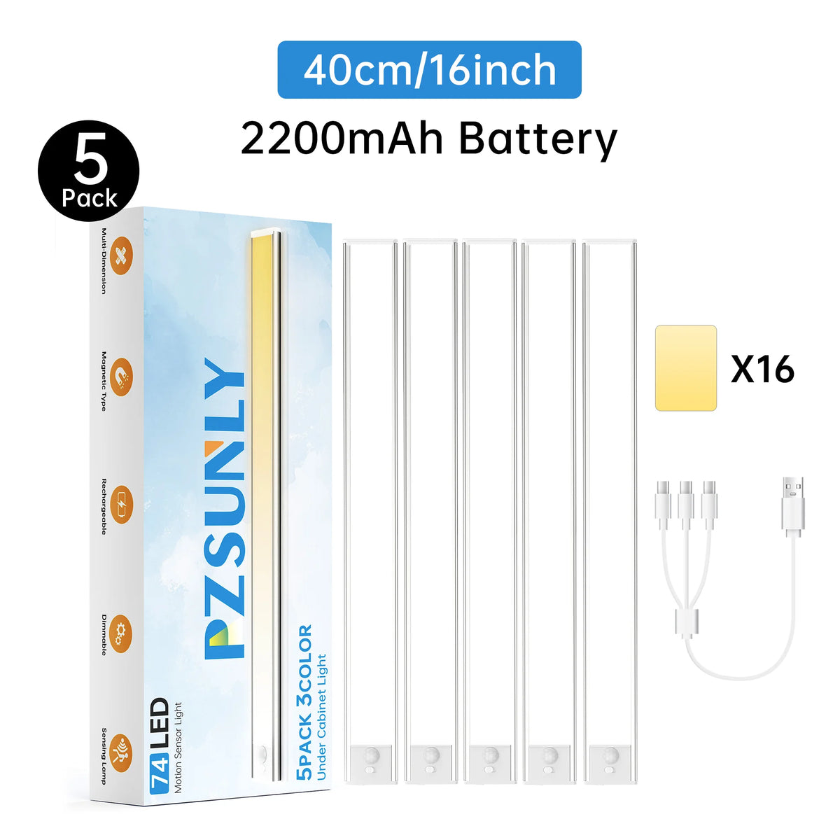 PZSUNLY Motion Sensor LED Light Type-C Rechargeable Wireless Night Light Magnetic Cabinet Lamp for Kitchen Bedroom Wardrobe Hallway Stairs