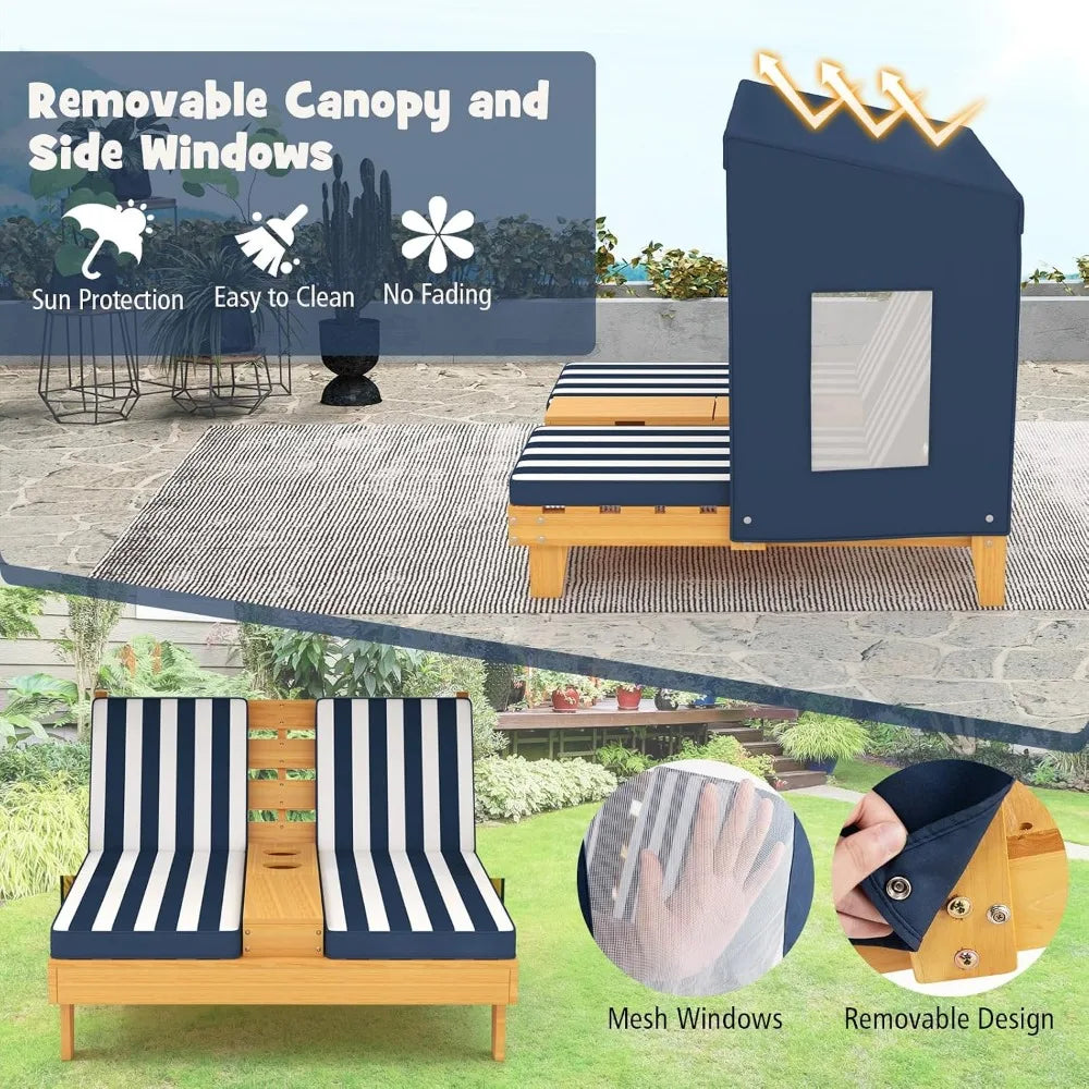 Children's Outdoor Double Pool Lounger Chairs with Canopy and Cushions, Suitable for Patio Backyards