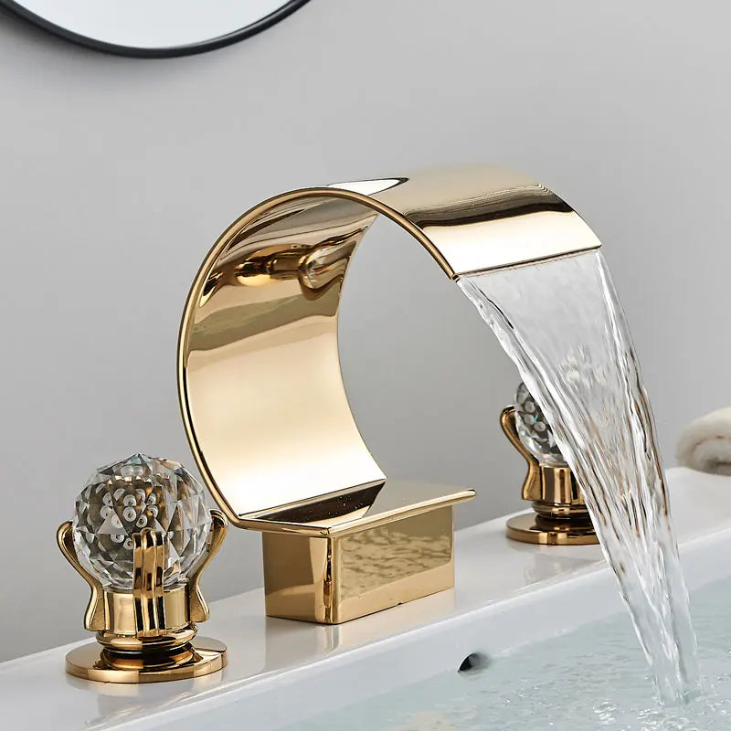 Golden Bathroom Basin Faucet Hot Cold Mixer Faucets Crystal Handle Waterfall Basin Faucet Torneira Taps Deck Mounted Sink Crane
