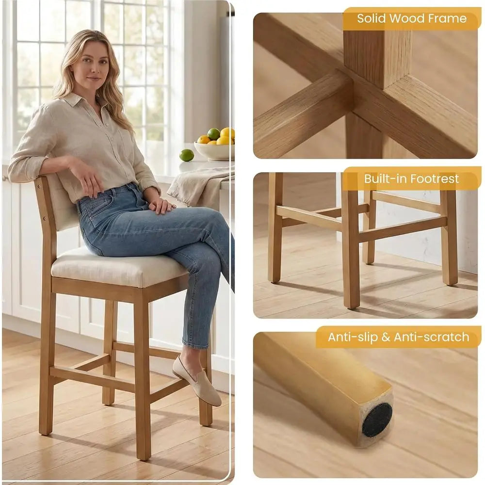 26" Bar Stools Set o 4 Counter Height Bar Stools or Kitchen Counter, ern Upholstered Barstools with Back and Wood Legs Linen Sto