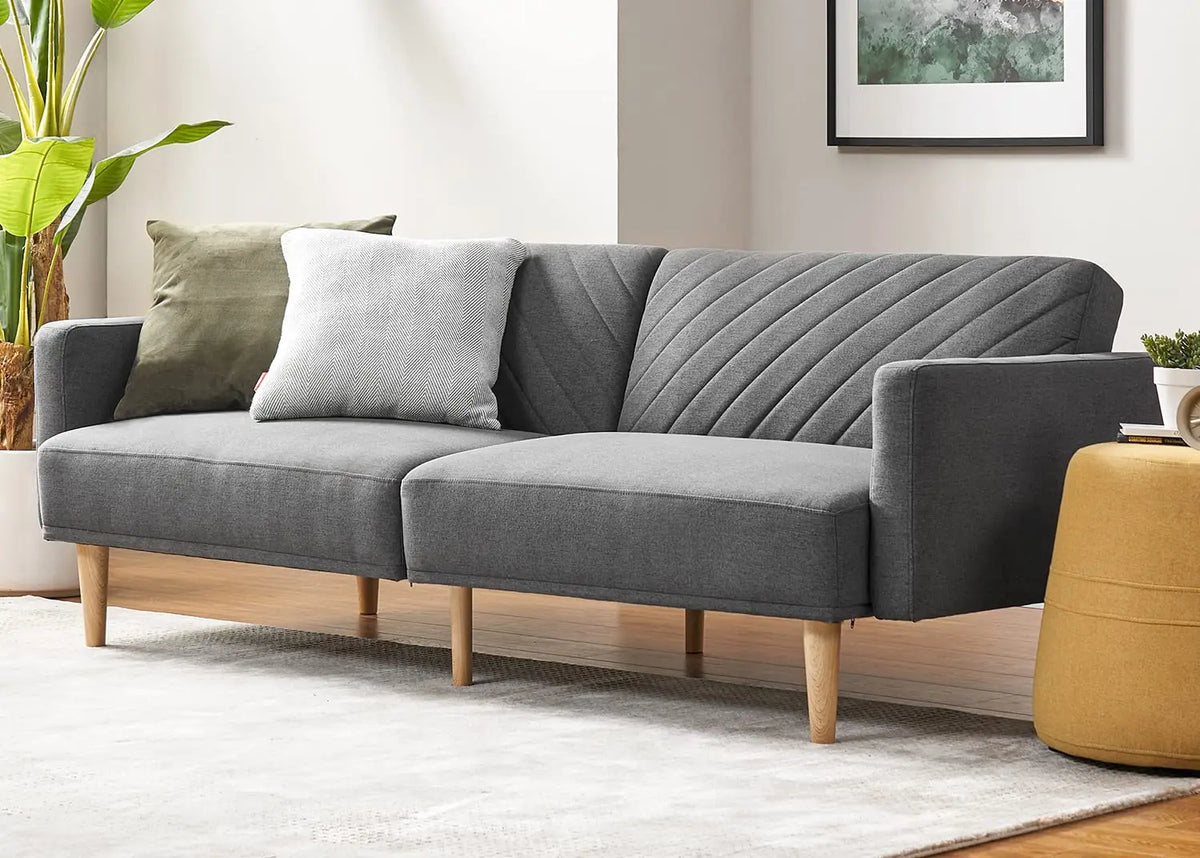 mopio 76.4" Mid Century Futon Sofa Bed PU Leather Loveseat Living Room Pecan Brown