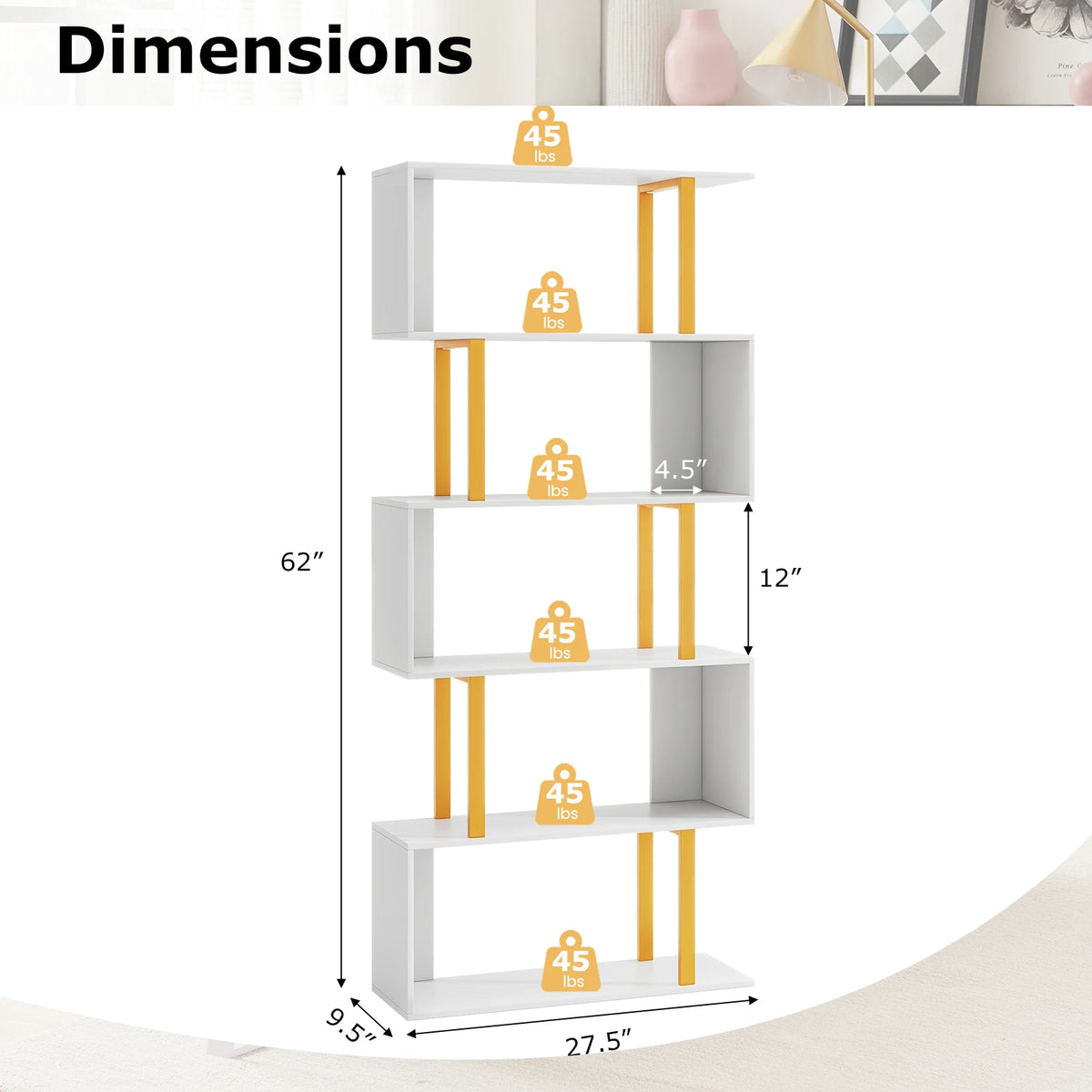 6-Tier Geometric Bookcase 74. 5-Inch S-Shaped Bookshelf with Metal Frame Gold