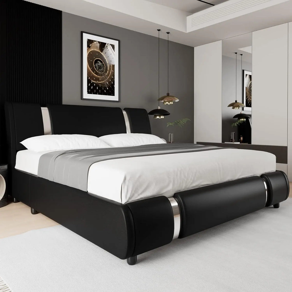 Faux Leather Platform Bed With Adjustable Headboard And Wood Slats