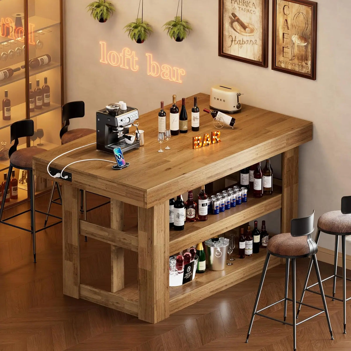 Kitchen Island With Storage And Power Outlets 3-Tier Wood Table