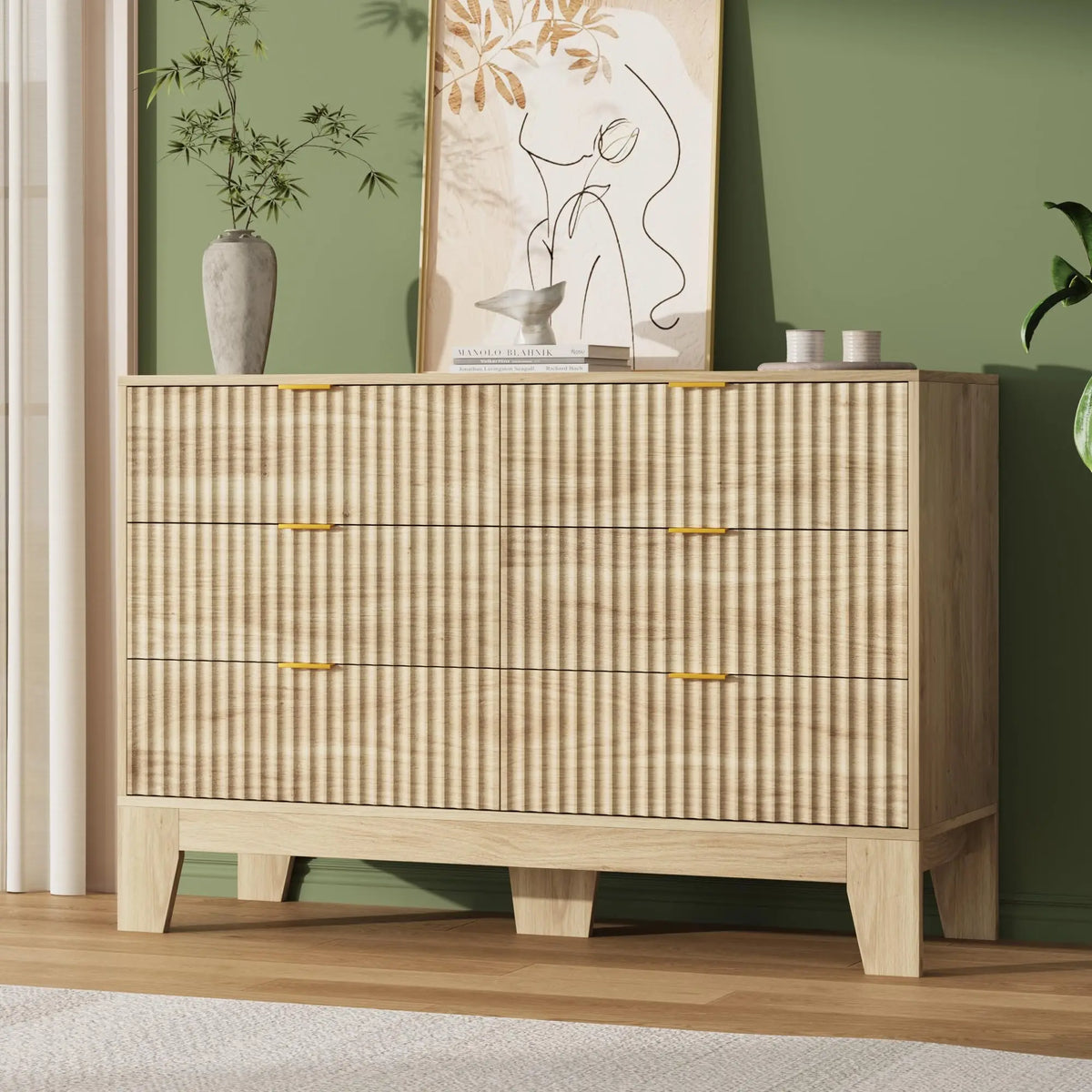 Modern Fluted Six Drawer Dresser With Metal Handles And Storage