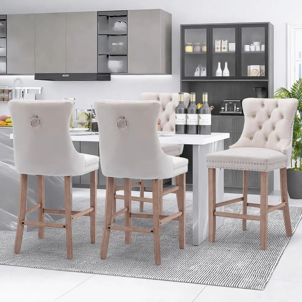 LISM Velvet Bar Stools Set Of 4, Tufted, Wood Legs