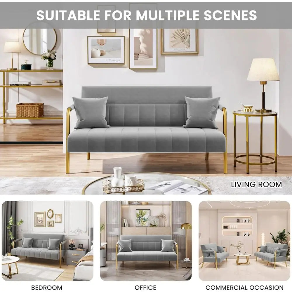 Velvet Loveseat Sofa With Gold Tone Metal Arms And Legs