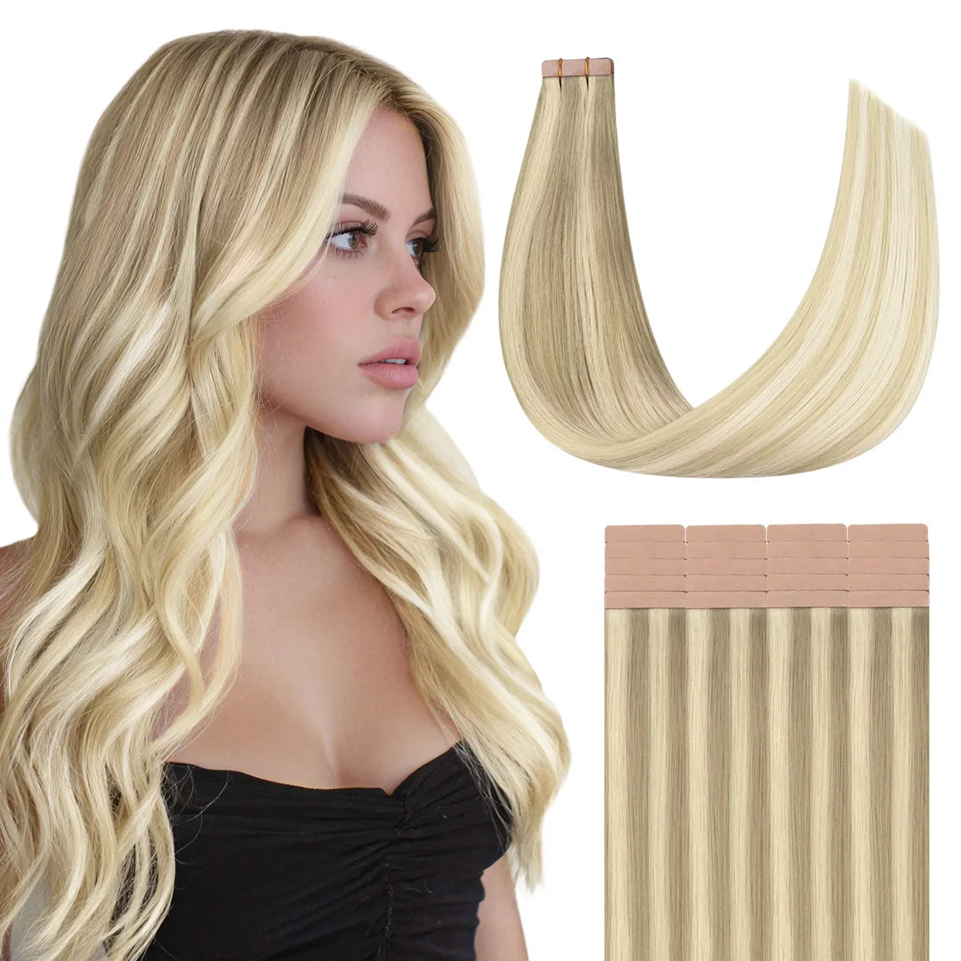 Sunmofavo Seamless Tape In Hair Extensions 100% Real Remy Human Hair Straight, Ash Brown To Platinum Blonde Ombre Silky Glossy ,20Pcs 50g, Firm Hold After Heat Application, Instant Volume, Salon Professional Tape Ins