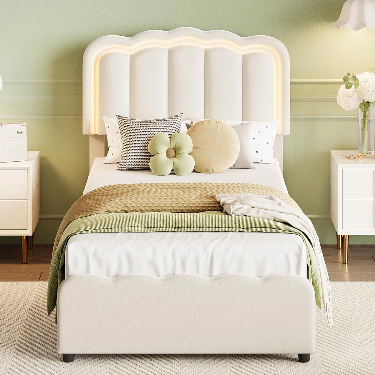 HiMISS Upholstered Platform Bed With Storage Drawers And LED Lighting