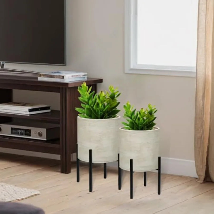Modern Plant Pots, Set of 2 Large Metal Planters with Stand for Living Room, Office, Garden or Balcony, 8.25 10.5 Inch, Black,