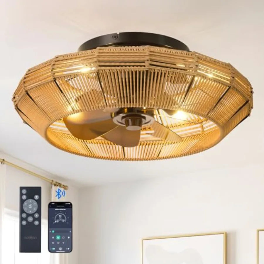 Caged Low Profile Ceiling Fans with Lights and Remote, Small Farmhouse Flush Mount Fandelier, 6 Speeds Reversible Ceiling Fan w
