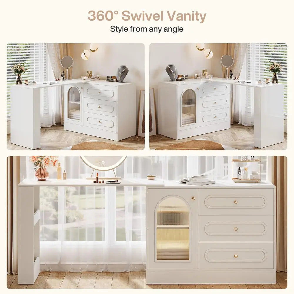 XMSJ Corner Vanity Desk With Drawers And Reversible Storage Cabinet