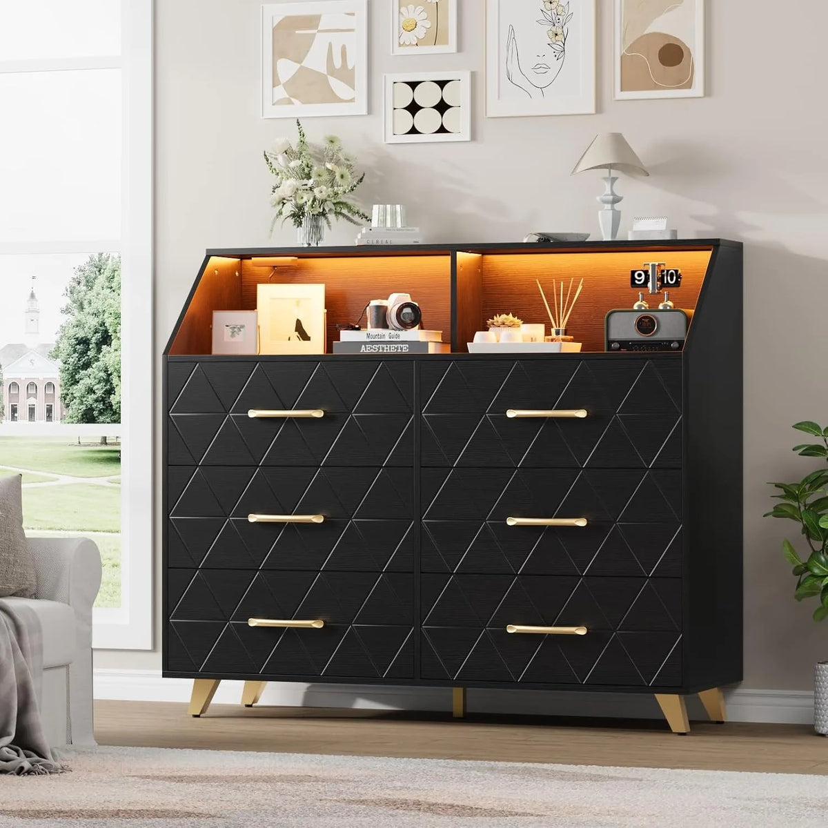 Modern 6 Drawer Dresser with LED Lights Charging Station Pink Wood Storage Cabinet Bedroom Chest of Drawers with Metal Legs Entryway Organizer
