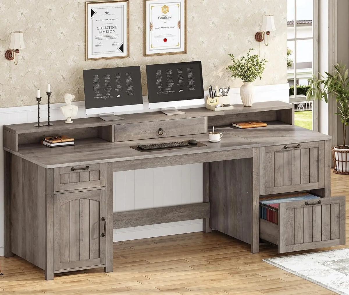 Farmhouse Executive Desk With File Drawers Monitor Stand And Storage