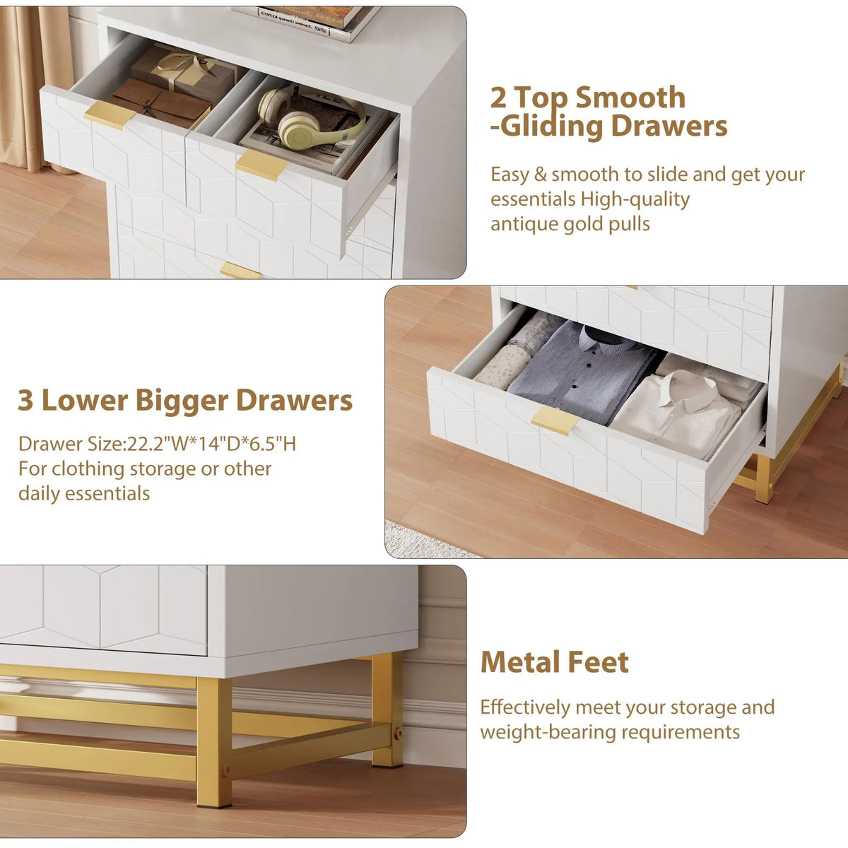 Modern Five Drawer Wood Dresser With Metal Base Storage Cabinet