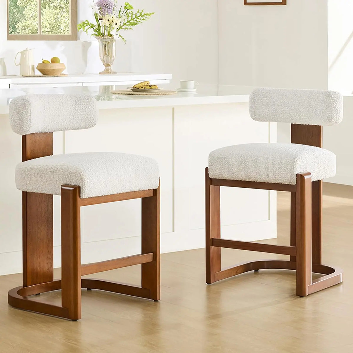 Modern Bar Stools Set Of 2 Upholstered With Wood Legs