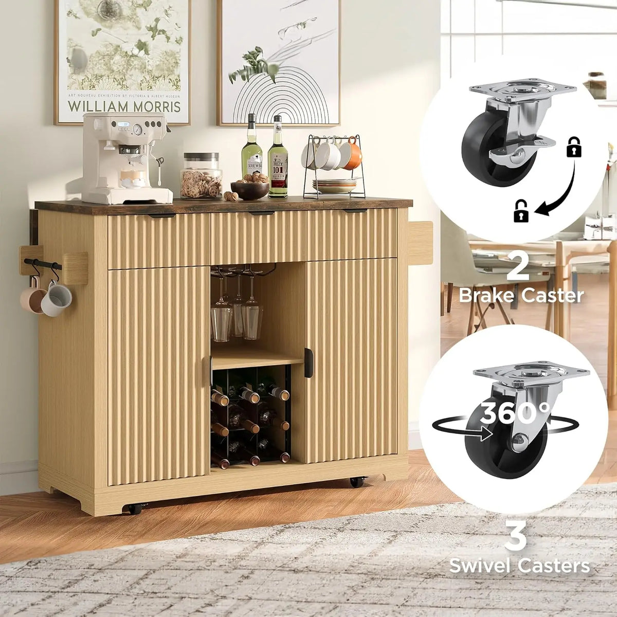 Kitchen Island With Foldable Drop Leaf And Wine Cabinet