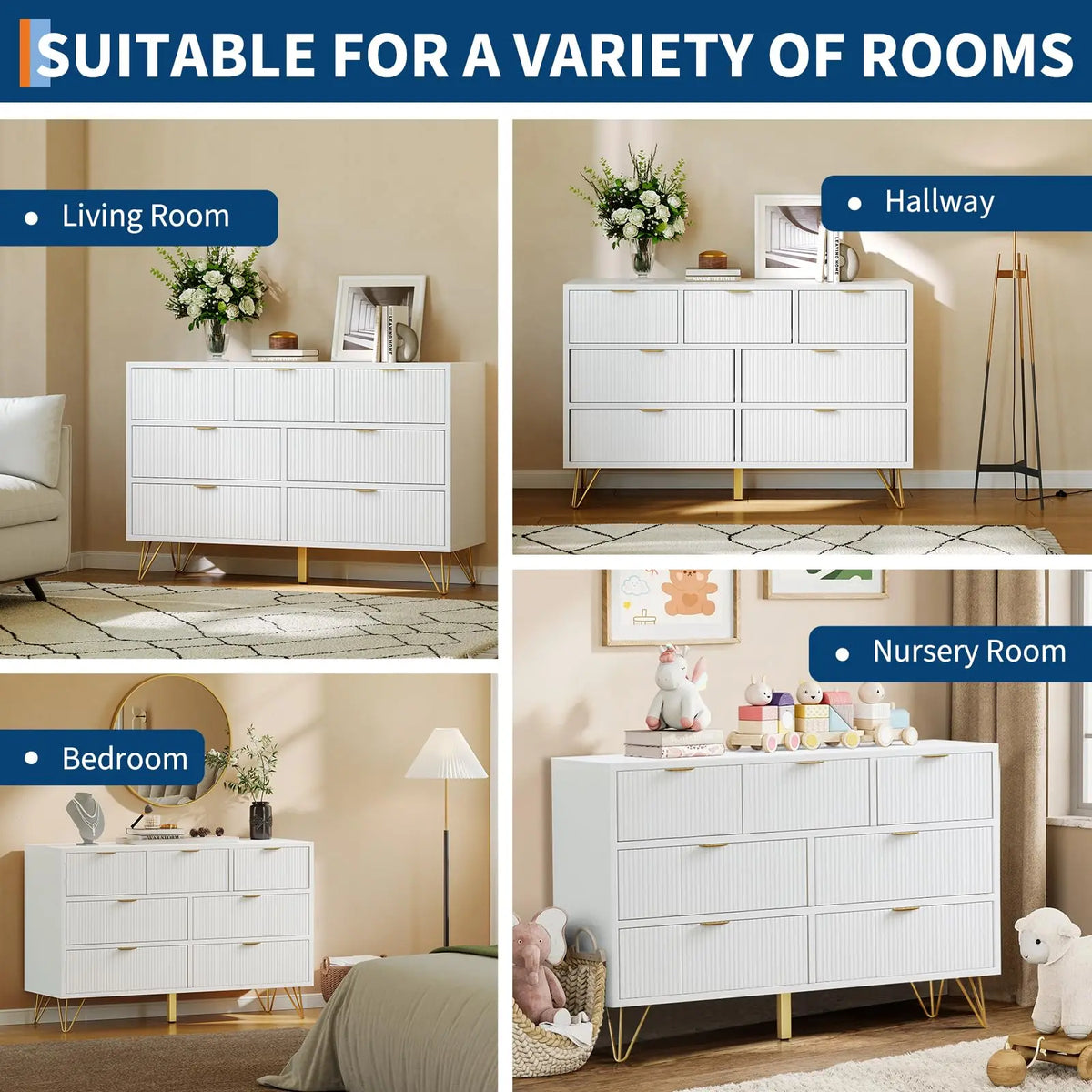 47.2 Inch 7 Drawer Dresser For Bedroom, Modern White Chest Of Drawers With Gold Metal Legs, Narrow Storage Cabinet For Entryway