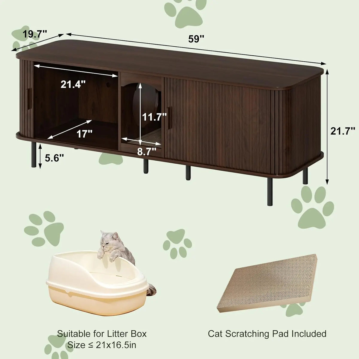 Double Cat Litter Box Enclosure Furniture, 59" Fluted Cabinet, Walnut | Large Hidden LitterBox Furniture, with Scratching Pad