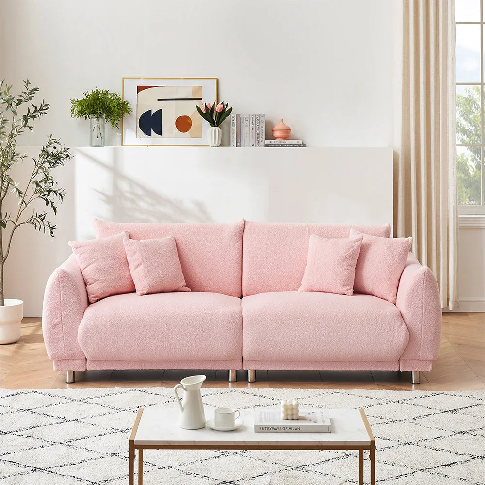 Modern Teddy Fleece Loveseat Sofa With Four Comfortable Throw Pillows