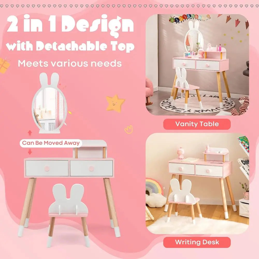 KOTEK Kids Vanity Set with Mirror, Wooden PrincMakeup Dring Table with Stool, 2 Storage Ders & Display Shel, Kids Vanity Table a