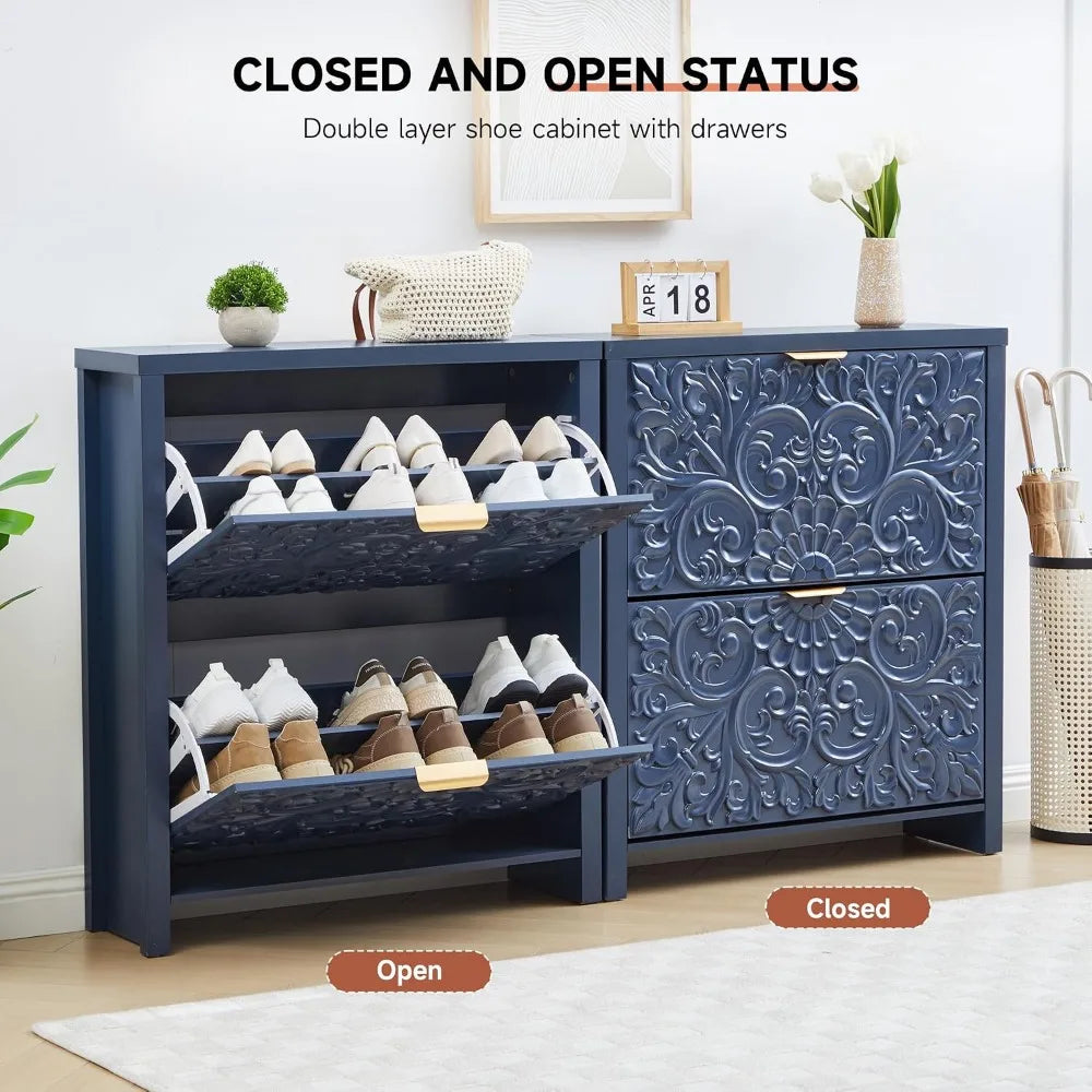 Narrow Flip Drawer Shoe Cabinet for Entryway Storage, Slim 2-Tier Shoe Organizer for Hallway Foyer