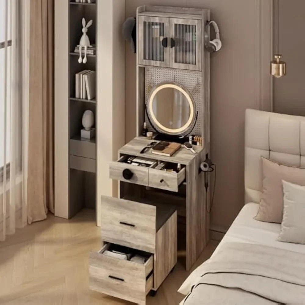 space-saving makeup vanity set with storage drawers and chair, desk-style vanity with illuminated mirror