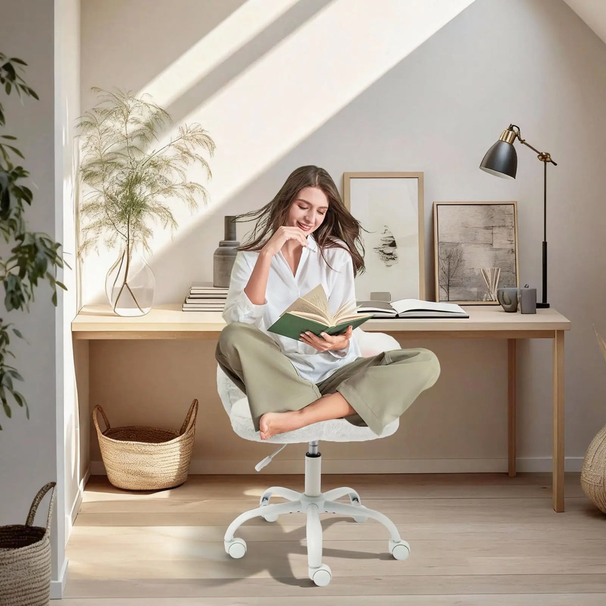 Cute Vanity Chair With Wheels, Armless Teddy Desk Chair With Paw Back, Height Adjustable Swivel Chair For Small Space Bedroom