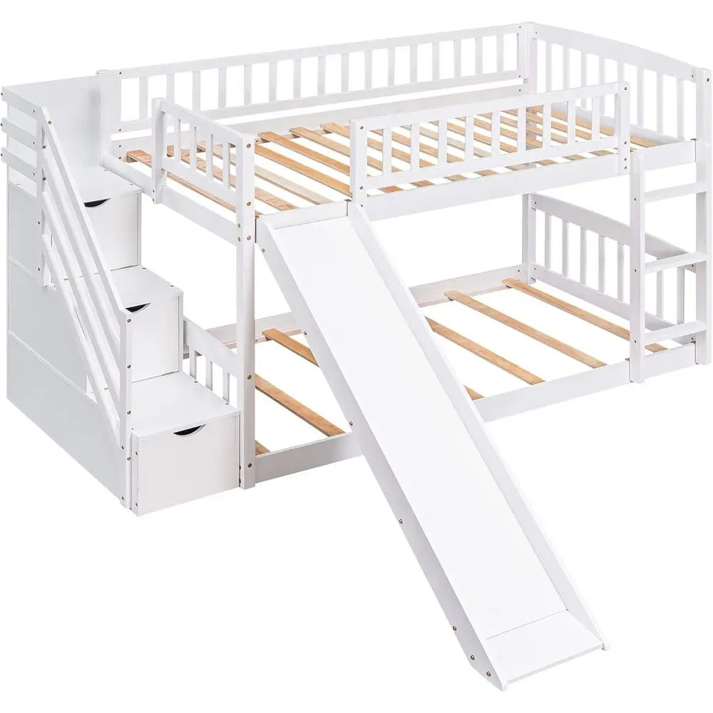 Lism Twin Over Twin Bunk Bed With Slide And Storage For Kids