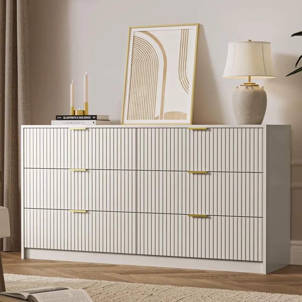 XMSJ Modern Fluted Six Drawer Dresser For Bedroom Storage