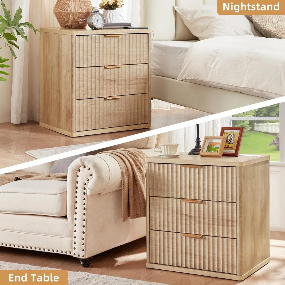 Natural Three Drawer Nightstand With Charging Station And Metal Handle