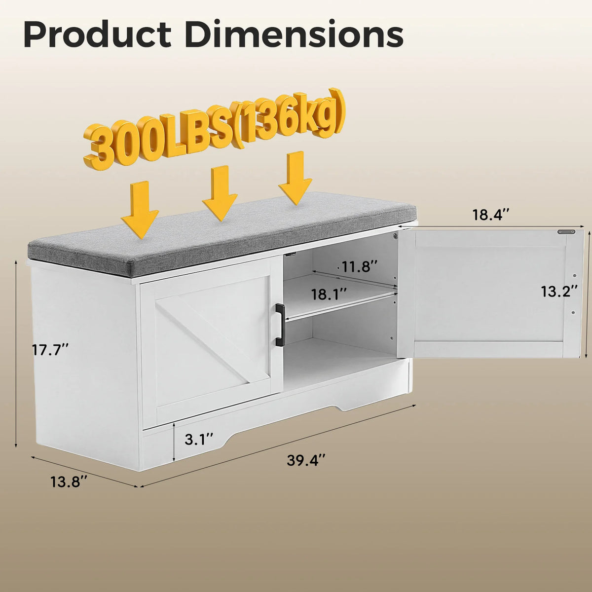 JHK Storage Bench Shoe Organizer Cabinet With 2 Doors Padded Seat Cushion
