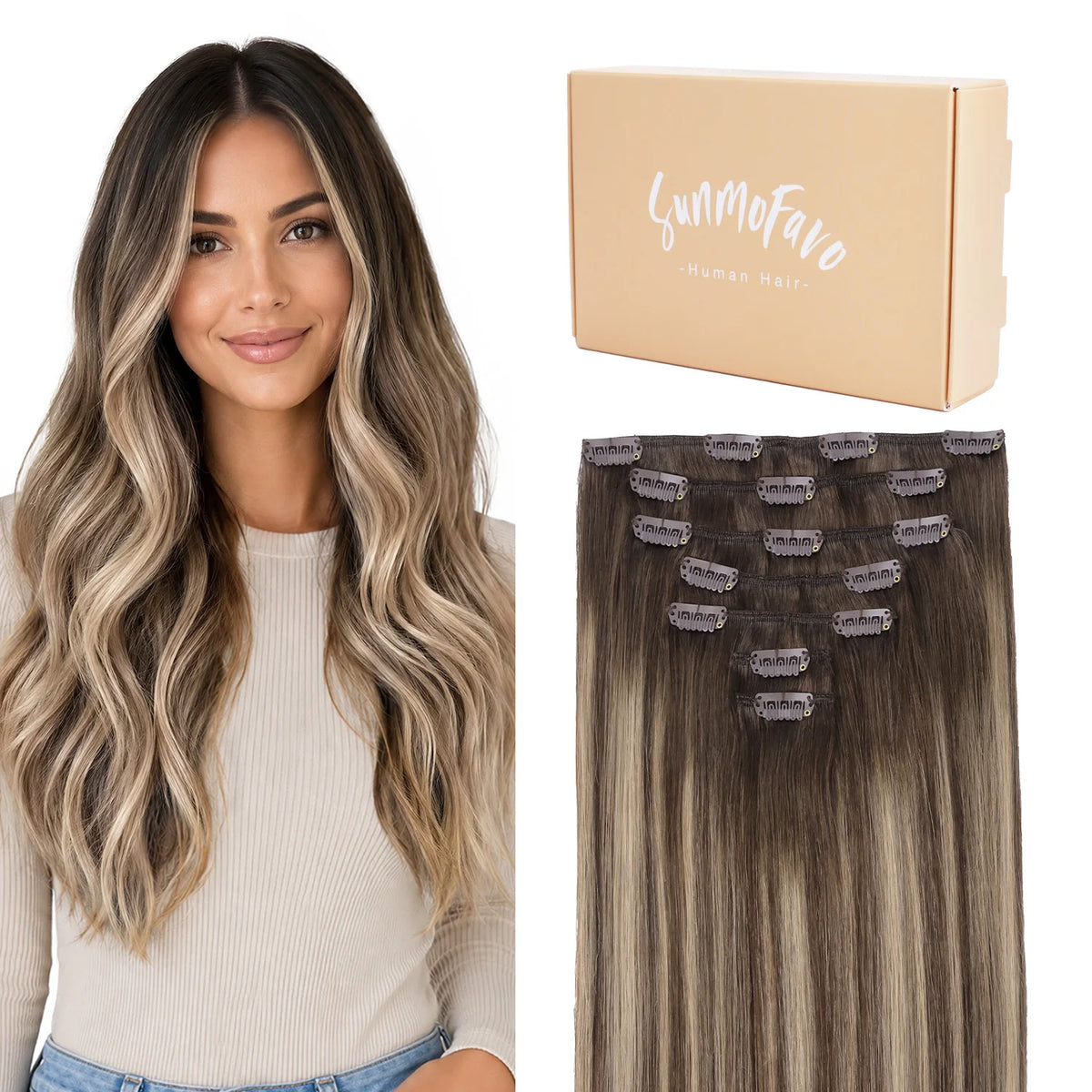 Sunmofavo Clip In Human Hair Extensions 100% Remy Straight, 3‑8‑613 Walnut Brown Bleach Blonde Ombre, Seamless Clip‑On Hairpieces 7Pcs 120G For Fine Thin Hair Silky Smooth Re‑Stylable Non‑Slip Clips For Women Daily