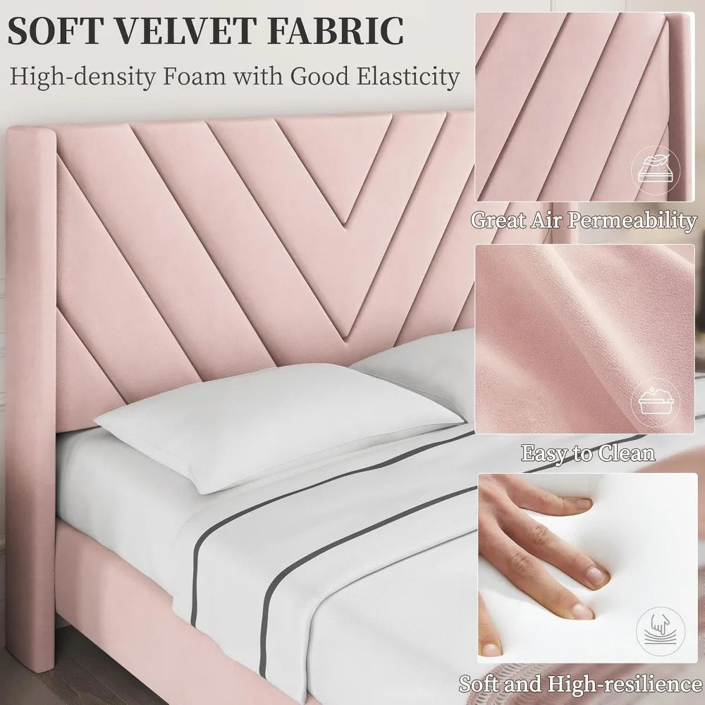Bed Frame With Tufted Wing Sides And Mattress Base