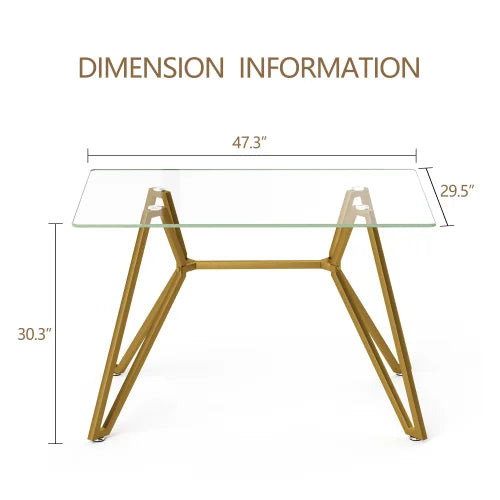Rectangular Glass Dining Table - 47.3"W Gold Metal Legs, Modern, Seats 1-6, Versatile for Dining Room Office