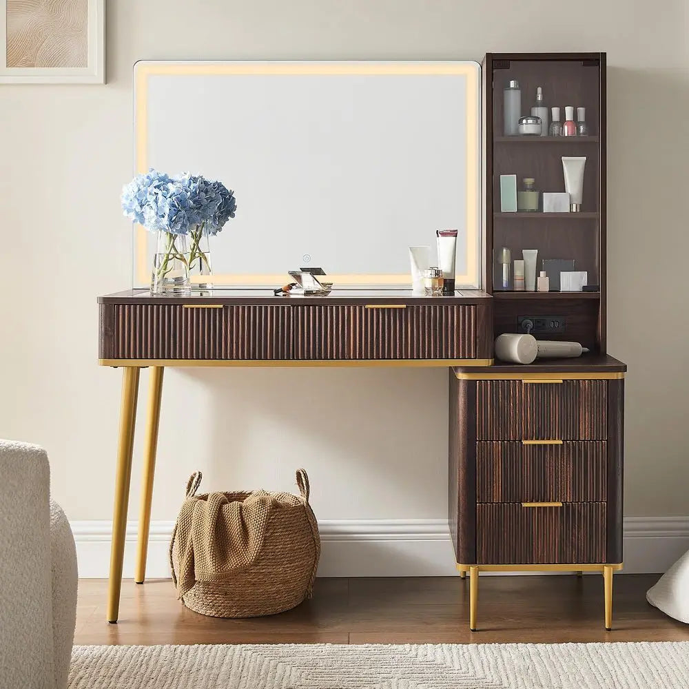 XMSJ Fluted Makeup Vanity Desk With Lighted Mirror And Storage