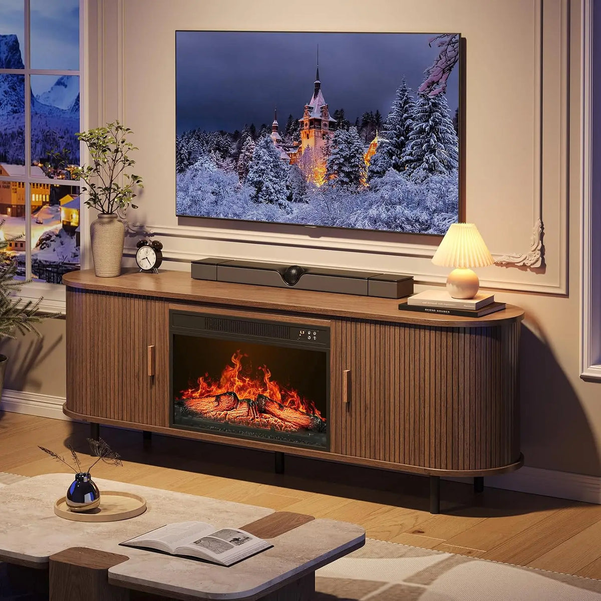 ONBRILL Fluted Electric Fireplace TV Stand With Sliding Doors